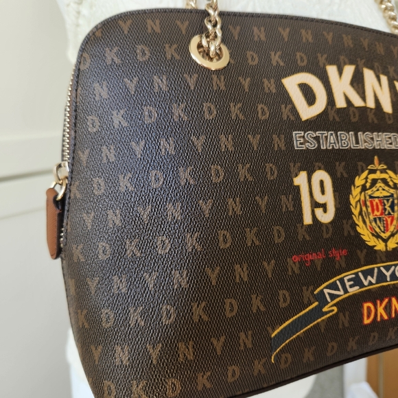 DKNY Signature Logo Maddison Dome Shoulder Bag Satchel Top Zip Brown Gold Chain - Picture 5 of 16